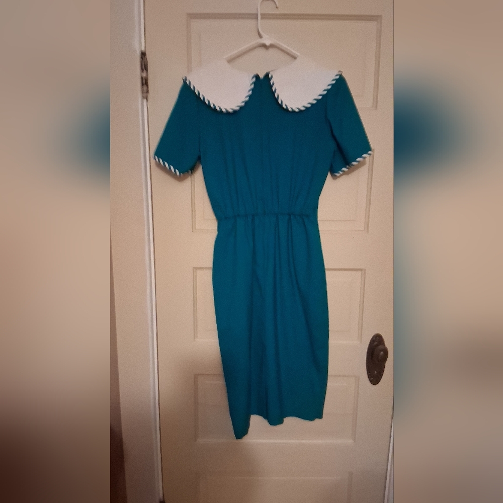 Elegant Teal Asymmetrical Dress with Striped Collar